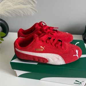 Puma Red Suede Sneakers with White Formstripe and Gold Logo